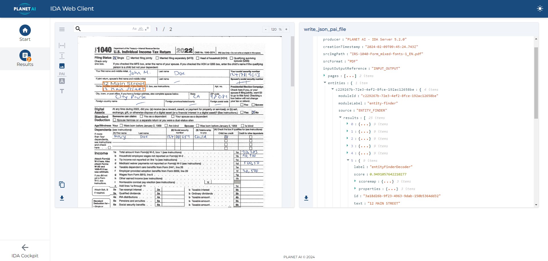 IDA Recognition: a US tax form with handwritten entries, next to the recognised text and values as JSON