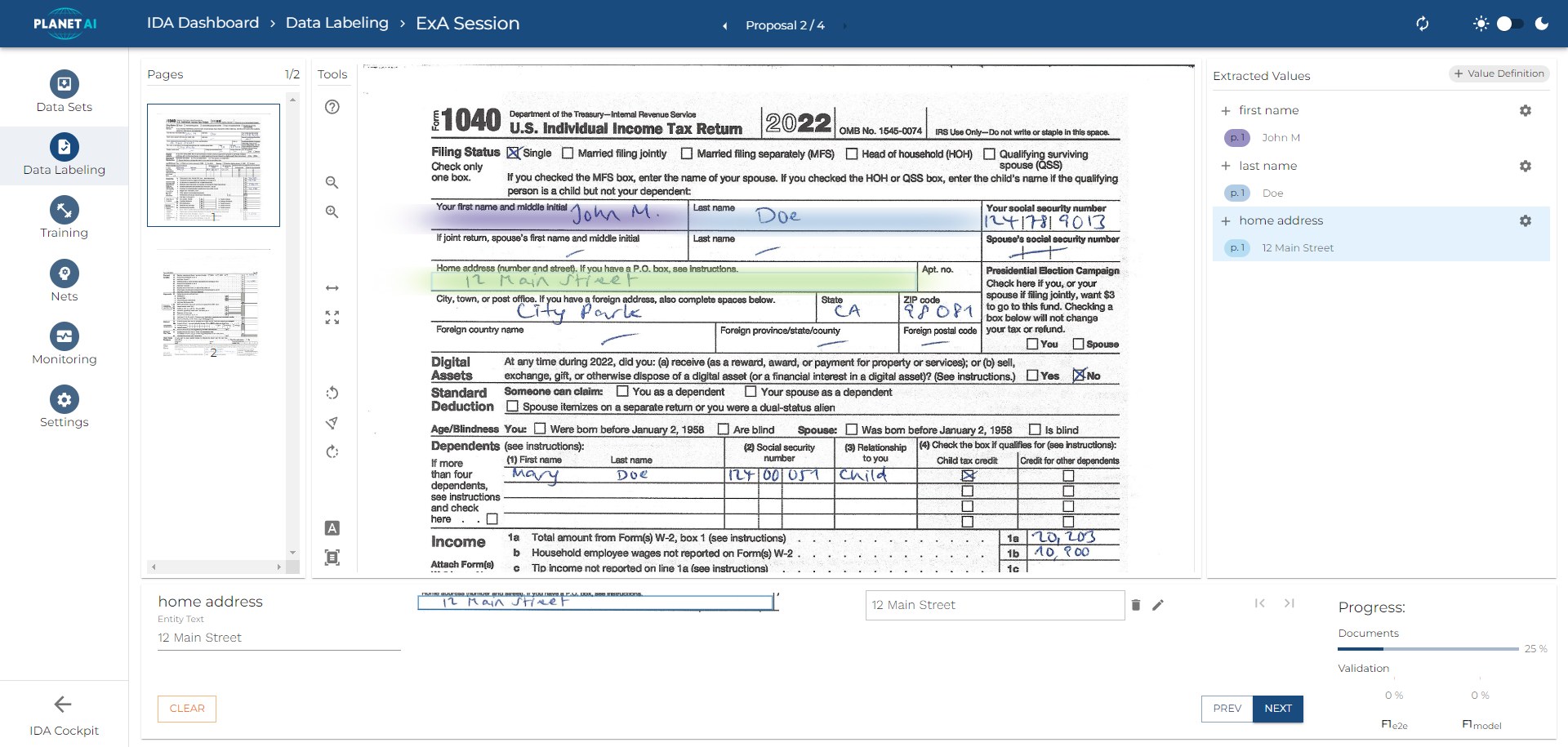 IDA marks first name, last name and address on a handwritten tax form and lists the extracted values