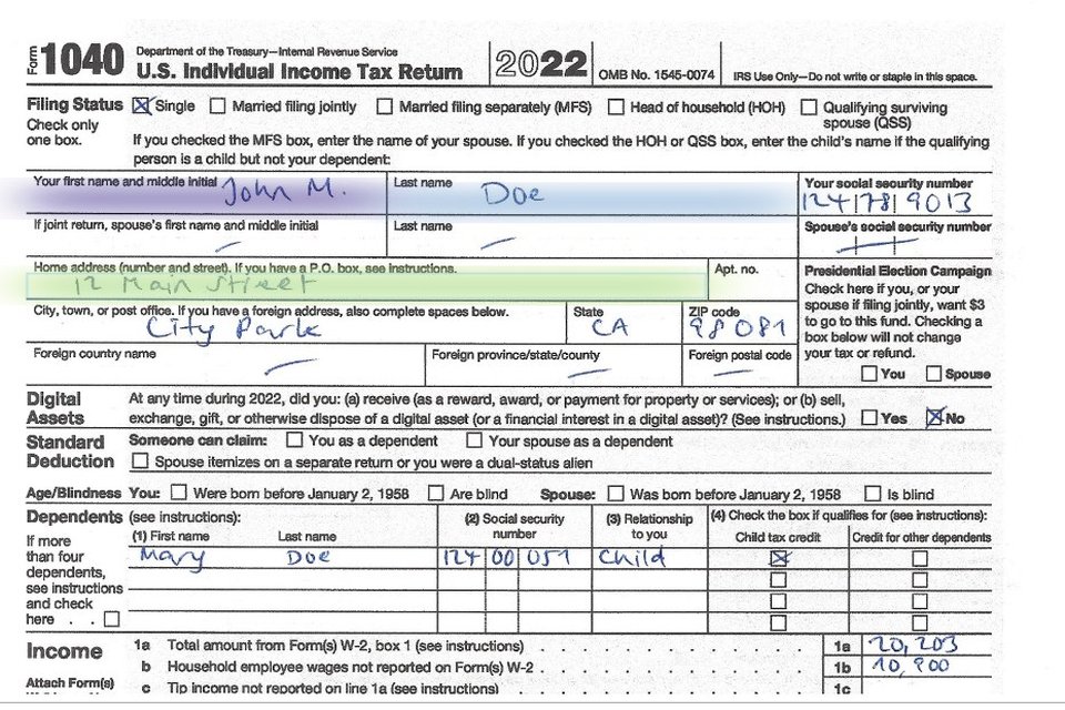 A handwritten tax form with the name and address highlighted for extraction