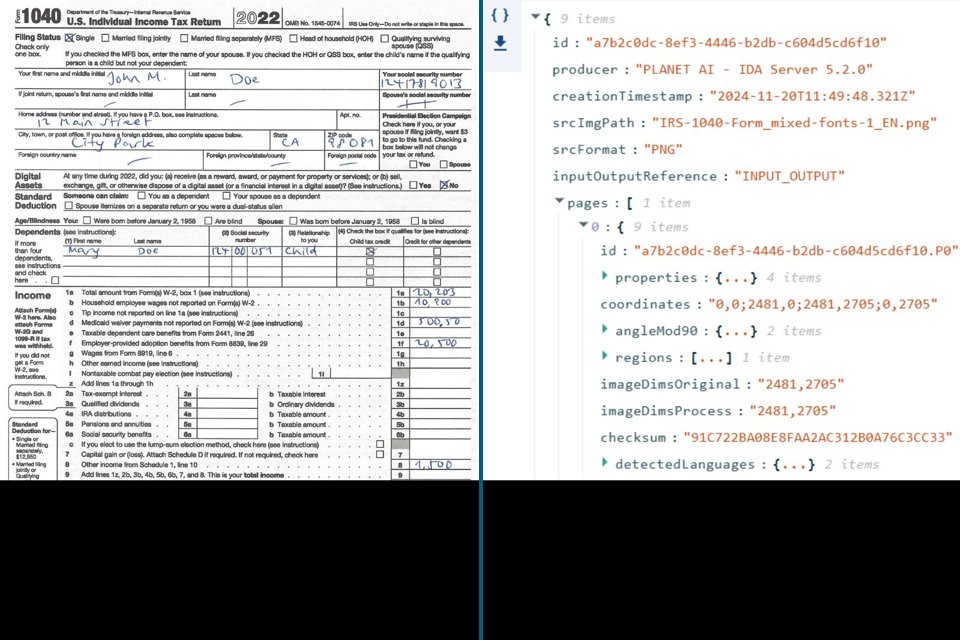 A form as PDF next to the same data as JSON