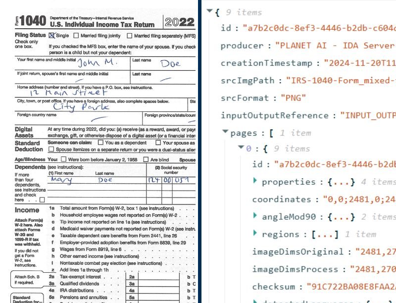 A US tax form next to the JSON data IDA has read from it