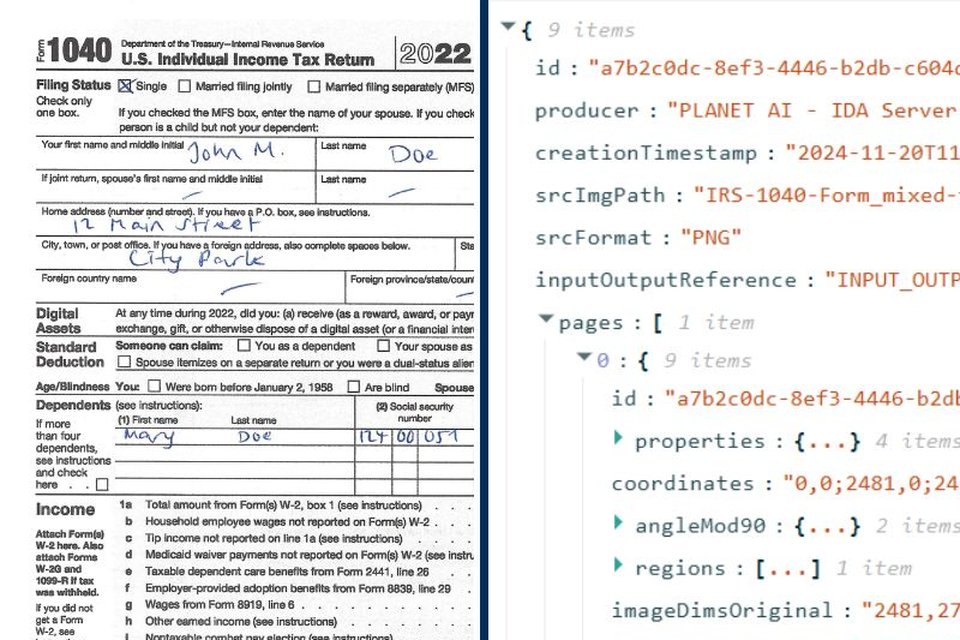 A tax form next to the structured JSON data IDA reads from it