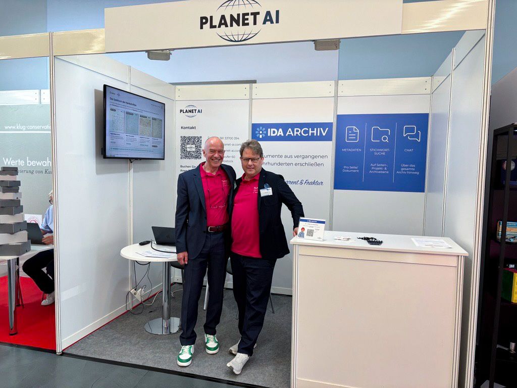 Our team at the PLANET AI stand with IDA Archiv at Archivistica 2026