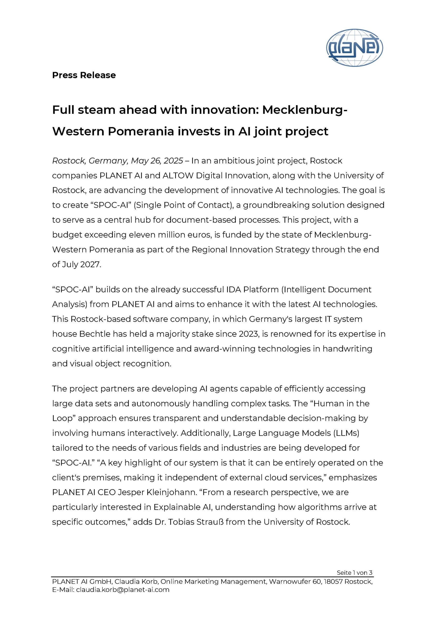 Press Release Project SPOC AI together with Altow, University of Rostock