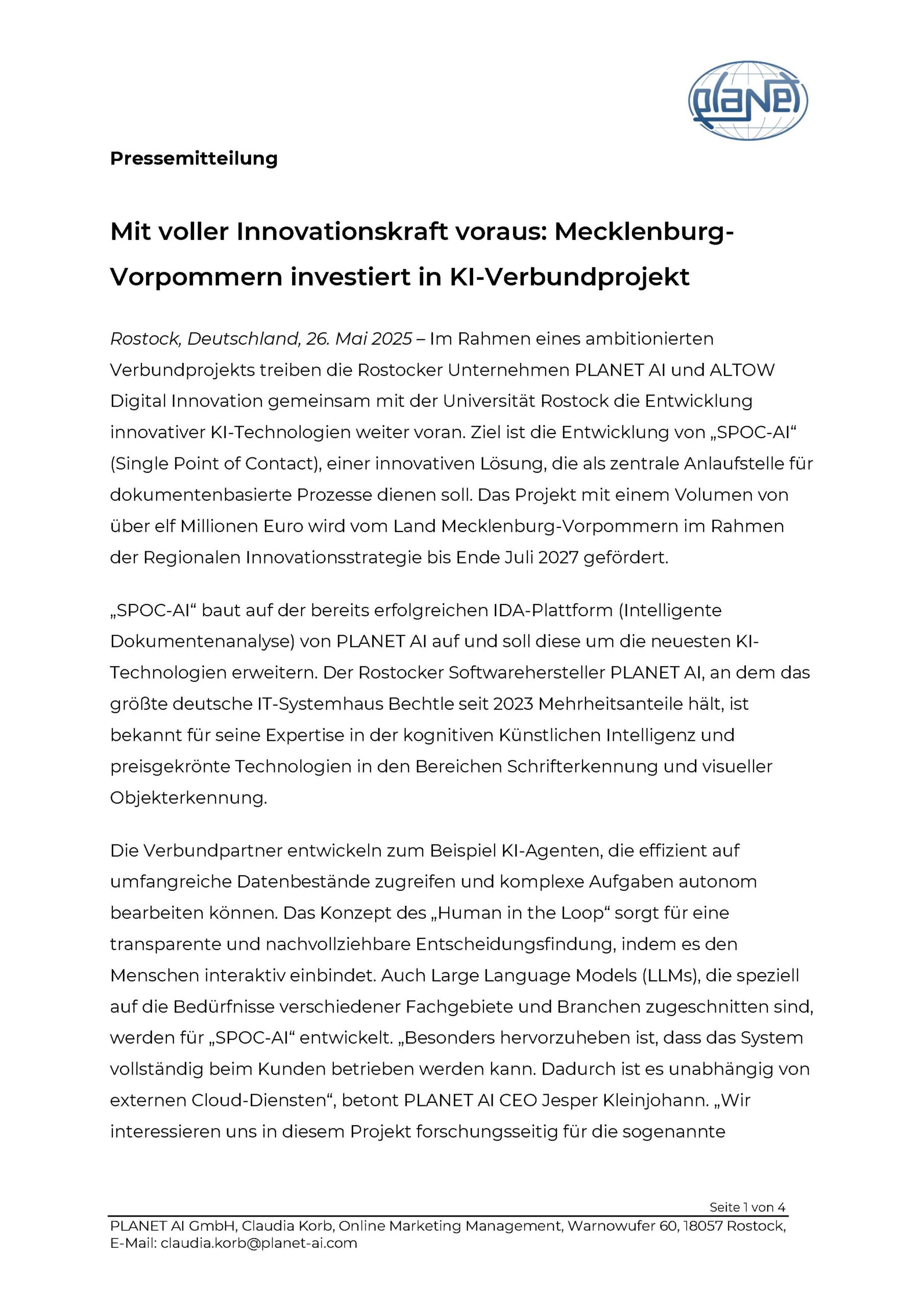 Pressemitteilung Projekt SPOC AI mit Altow, Universität Rostock