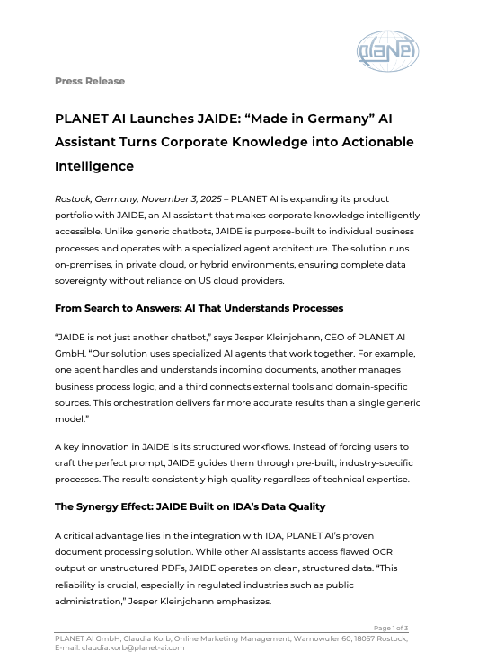 Press release JAIDE launch screenshot